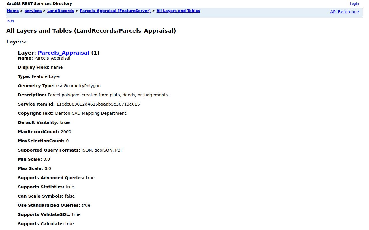 Lewisville street directory view of the DCAD ArcGIS parcel layer fields