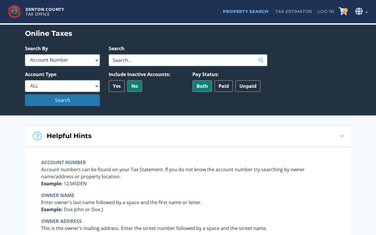 Lewisville street directory view of Denton County tax search options